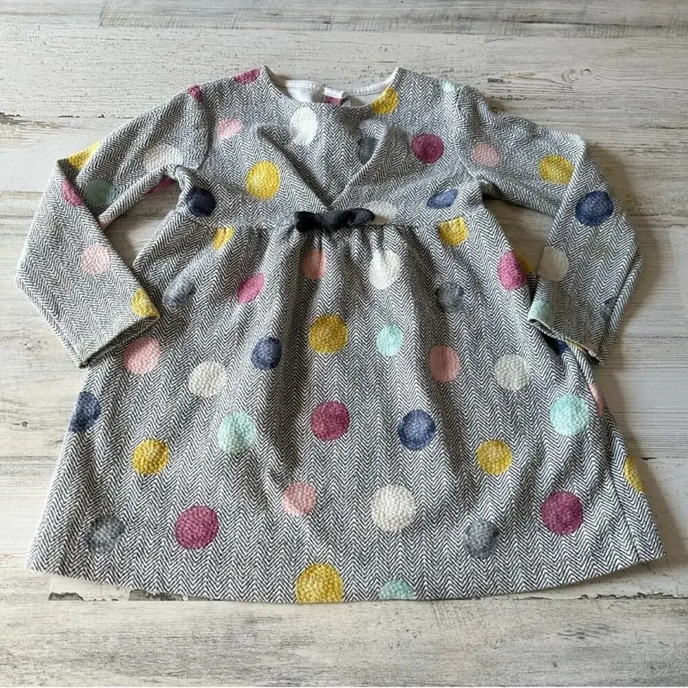 🍁 Zara Girls 6-9M Herringbone Polka Dot Lightweight Long Sleeve Dress Grey White